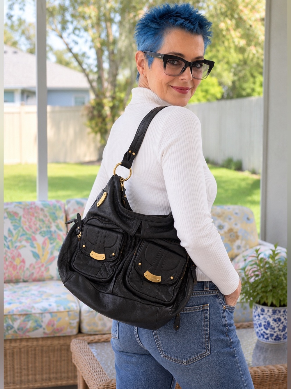 B Makowsky Black Pebbled Leather Slouchy Hobo Bag Gold Cargo Pockets